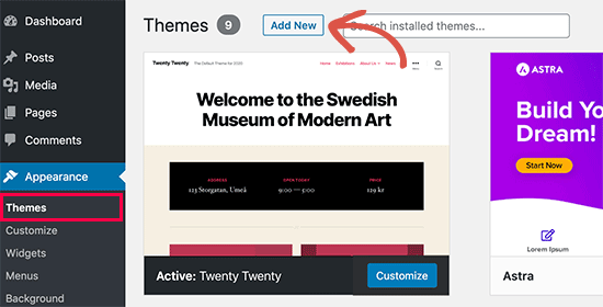 WordPress admin paneli
WordPress tema
WordPress mövzusu seç 